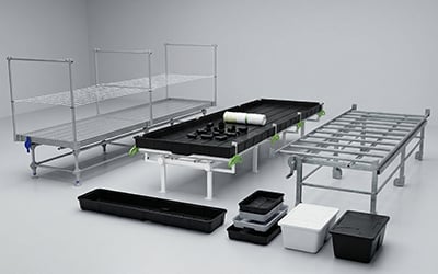 Rolling Benches, Gutter Systems, and Hydroponic Trays
